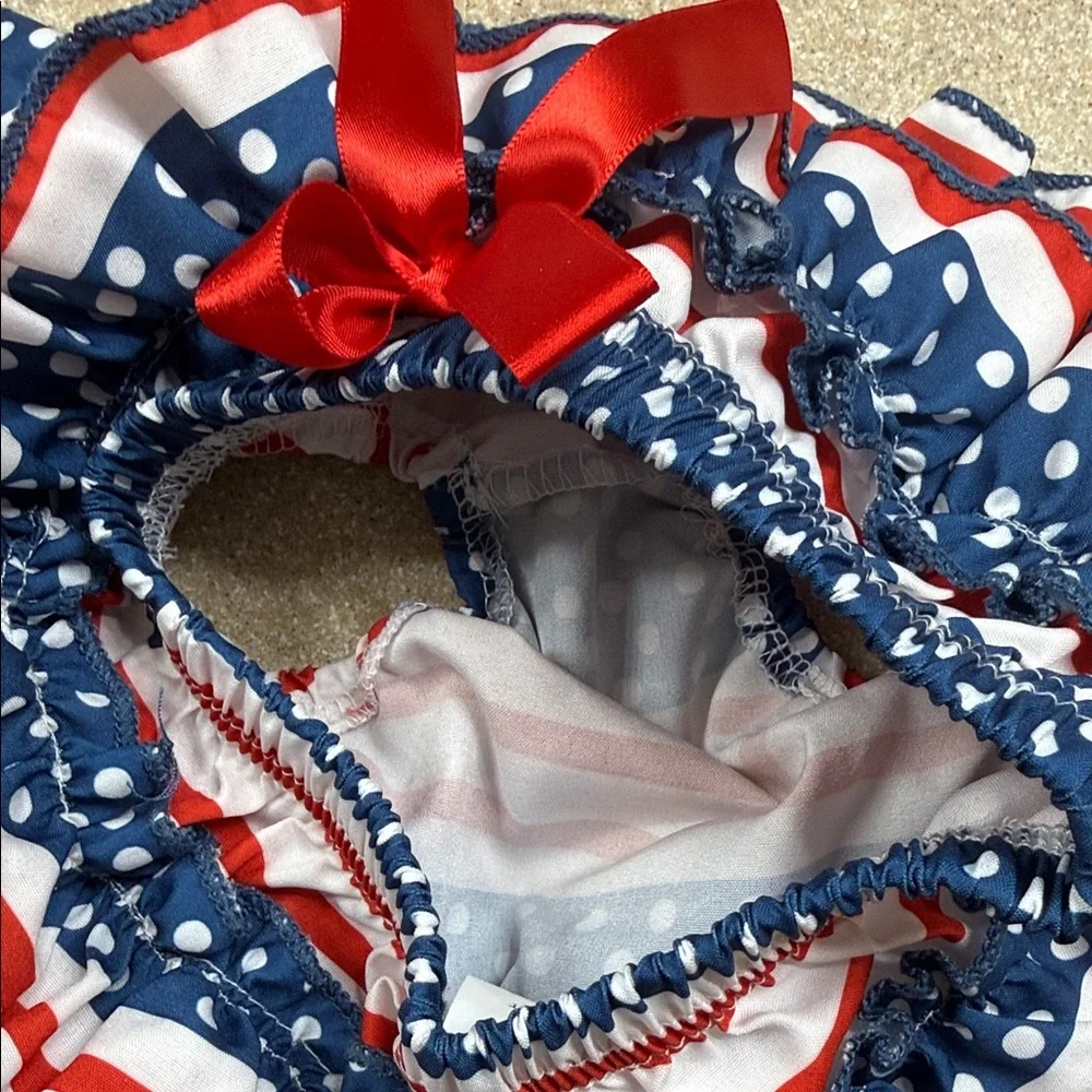 American Flag Ruffle Bloomers, Stripes & Dots with Red Bow, Sz 6-9 Months